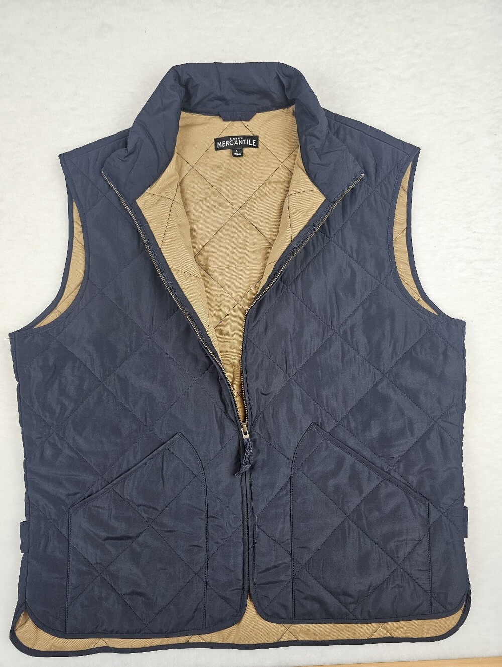 J.Crew Mercantile Large Navy Quilted Puffer Vest Tan Lining Zipper Pockets Layer